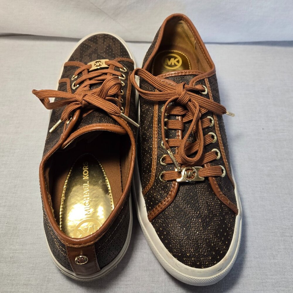 Michael Kors Boerum MK Logo Sneakers Brown Tan Gold Lace Up Women’s Size 9